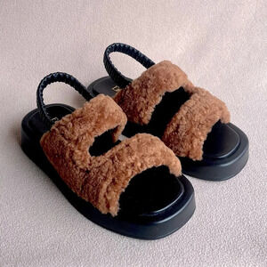 Elleme Paris Shearling Teddy Slingback Sandal Women’s 8.5 Brown & Black Classic